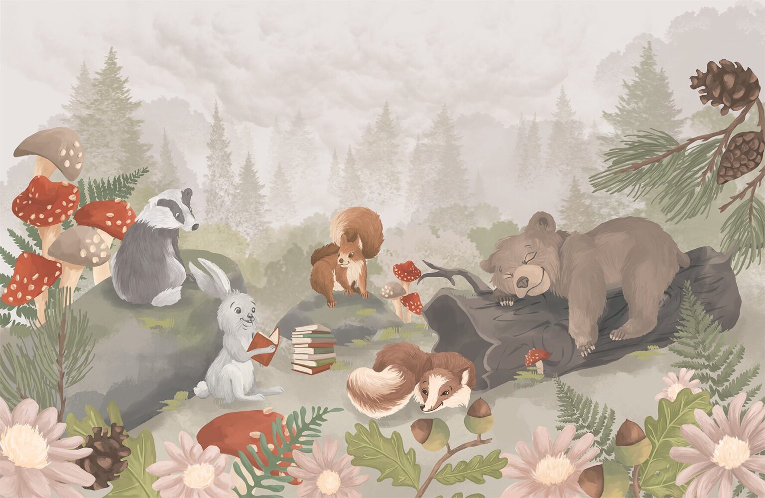 animals sleeping in the forest illustration
